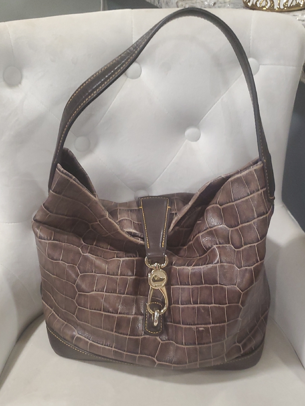 Dooney & Bourke Brown Croc-Embossed Hobo Bag with Gold Hardware